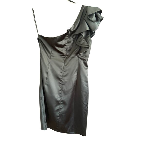 BARDOT | Black Satin One Shoulder Ruffle Sleeve Mini Cocktail Dress LBD | Size 6 - Picture 3 of 10